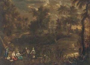 A wooded river landscape with elegant company in the foreground by (studio of) Rubens, Peter Paul