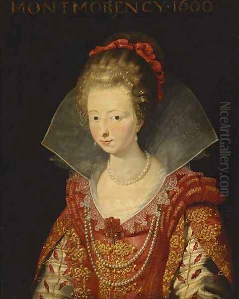 Portrait of Charlotte-Marguerite de Montmorency, Princess of Conde , bust-length, in a red dress with slashed sleeves and a white ruff, and red ribbon - view 1