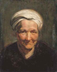 Portrait of an old woman, bust-length, with a white headscarf