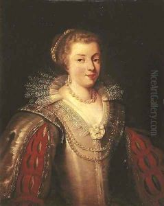 Portrait of a lady, bust-length, in a satin dress with slashed sleeves and a lace collar with a pearl necklace and earrings