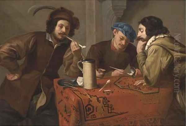 Three men smoking and drinking at a table in an interior - view 1