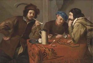 Three men smoking and drinking at a table in an interior