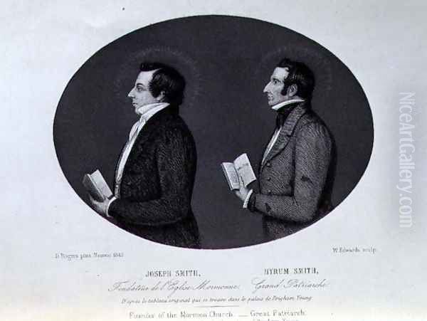 Portrait of Joseph 1805-44 and Hyrum d.1844 Smith, Founder and Great Patriarch of the Mormon Church, engraved by W. Edwards after the painting in Nauvoo, book illustration from A Journey to Great Salt Lake City, Vol II, pub. c.1861 - view 1