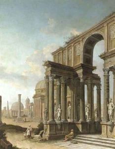 A capriccio of Roman ruins, with the Pantheon, the Column of Trajan and other buildings and figures