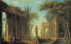 A capriccio of classical ruins with figures by a fountain