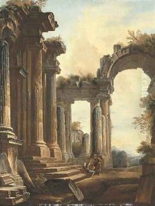 A capriccio of classical ruins with three men conversing at the steps of a temple, a landscape beyond by Hubert Robert