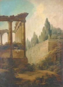 A capriccio of the Roman Forum and the Farnese Gardens by Hubert Robert