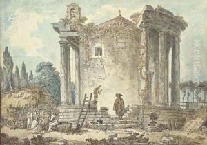 A capriccio with the Temple of the Sybil at Tivoli, Capuchin priests standing amongst the ruins by Hubert Robert
