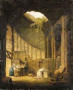 A hermit praying before an altar in a ruined chapel, with three woman offering flowers