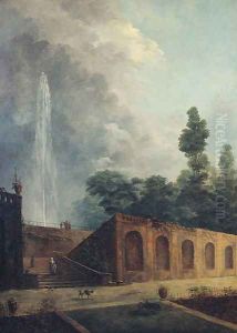 Figures in a terraced garden by a fountain by Hubert Robert