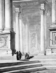 Three figures disputing under a classical portico