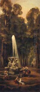 Washerwomen by a fountain in a garden by Hubert Robert