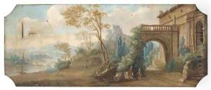 A capriccio of classical ruins near a river with gentlemen conversing by Hubert Robert