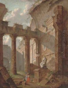 A capriccio of classical ruins with figures by a statue by Hubert Robert