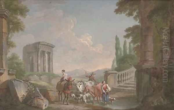 A landscape with classical ruins and drovers and their cattle at a pond - view 1