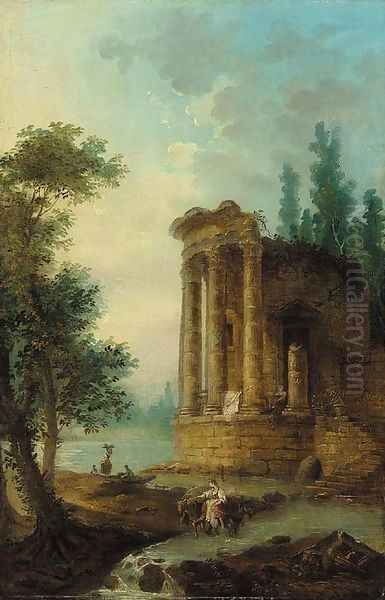 A wooded river landscape with figures by a classical ruin - view 1