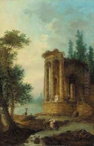 A wooded river landscape with figures by a classical ruin by Hubert Robert