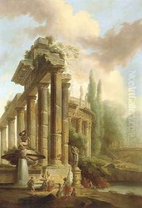 An architectural capriccio of classical ruins in a garden with figures by a fountain by Hubert Robert