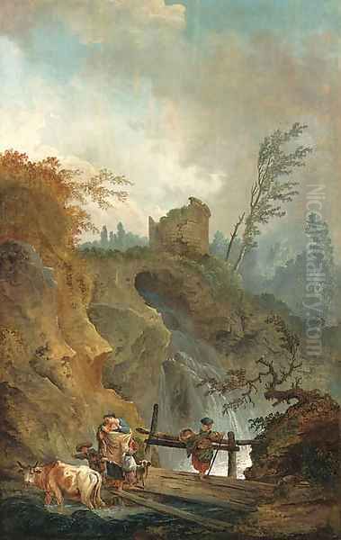 An Italianate landscape with peasants on a bridge before a waterfall - view 1