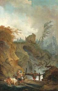 An Italianate landscape with peasants on a bridge before a waterfall by Hubert Robert