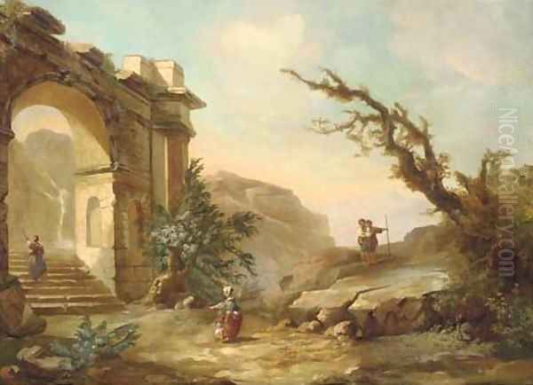 A rocky mountain landscape with figures near a classical arch - view 1