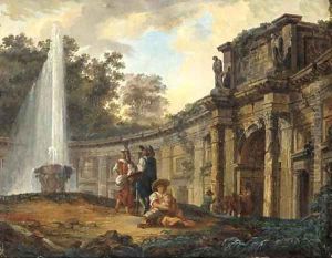 Figures conversing before a capriccio of classical ruins