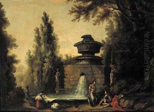 Washerwomen by a fountain with Roman warriors in an Italianate garden