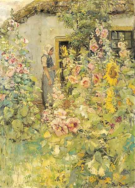 Hollyhocks and sunflowers - view 1