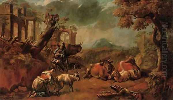 An Italianate landscape with a shepherd playing a doodlesack - view 1