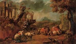 An Italianate landscape with a shepherd playing a doodlesack by Philipp Peter Roos