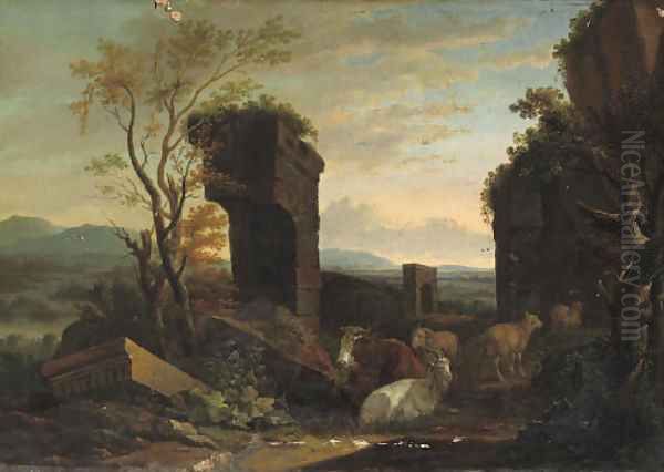 An Italianate landscape with cattle among ancient ruins, a river and a waterfall beyond - view 1