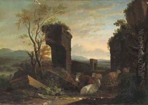 An Italianate landscape with cattle among ancient ruins, a river and a waterfall beyond by Philipp Peter Roos