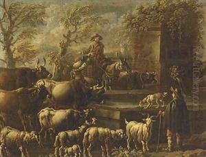 A drover on horseback watering his cattle at a fountain and shepherd with