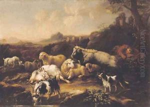 A shepherd resting with sheep, goats, a cow and a dog in an Italianate landscape by Philipp Peter Roos