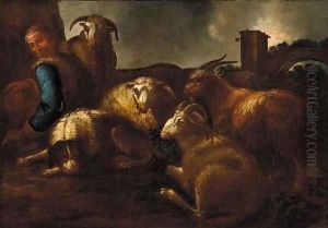 A shepherd, a dog and goats in an Italianate landscape by Philipp Peter Roos
