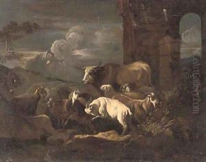 An evening landscape with a flock of goats and a bull, by classical ruins by Philipp Peter Roos