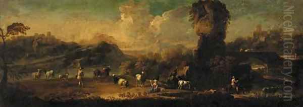 A extensive mountain landscape with a drover and cattle with other figures at a river, towns beyond - view 1