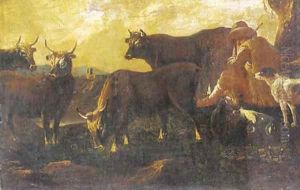 A herdsman resting with his cattle and dog