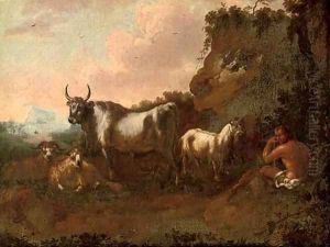 A mountainous landscape with a shepherd and his flock by Philipp Peter Roos
