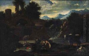 A shepherd resting in an Italianate landscape by Philipp Peter Roos