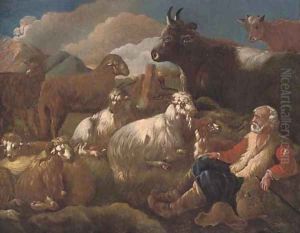 A shepherd resting with his cattle in a mountainous landscape by Philipp Peter Roos