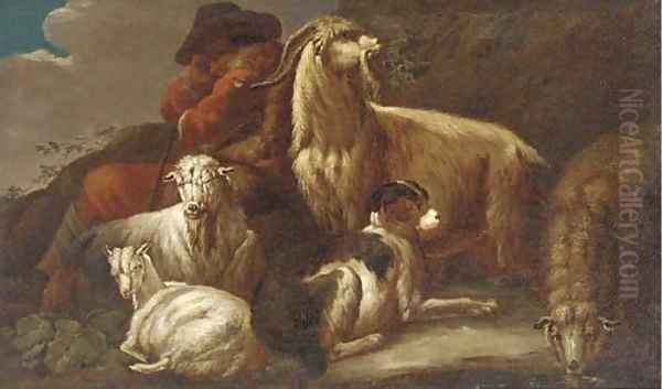 A shepherd resting with sheep, goats and a dog - view 1