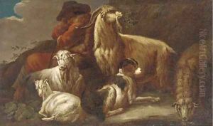 A shepherd resting with sheep, goats and a dog by Philipp Peter Roos