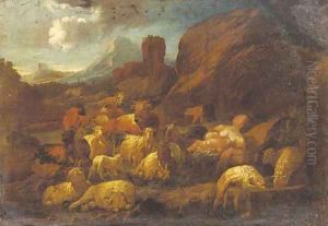 A shepherdess and child resting with her herd in an mountainous Italianate landscape by Philipp Peter Roos