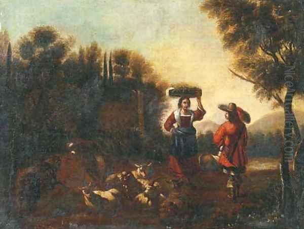 An Italianate landscape with a peasant woman conversing with a soldier by a ruin - view 1