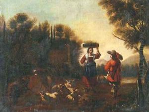 An Italianate landscape with a peasant woman conversing with a soldier by a ruin by Philipp Peter Roos