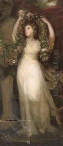Portait of a Montgomery sister, full-length, in a white dress, holding a garland of flowers