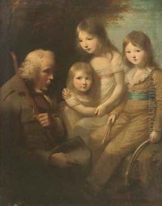 Group portrait of three children, full-length, in a garden with a beggar