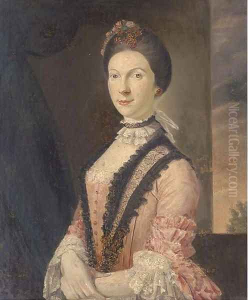 Portrait of a lady, half-length, in a pink dress with lace trim, on a terrace - view 1