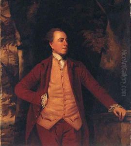 Portrait of Richard Crofts, three-quarter-length, in a dark red coat and breeches, and striped waistcoat, his left hand resting on a plinth